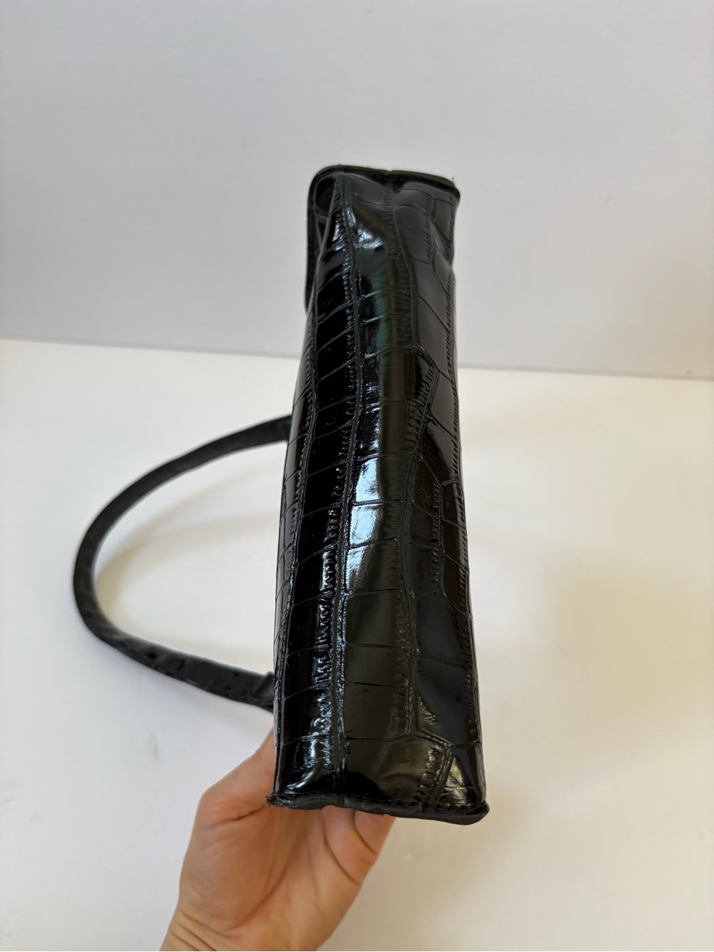 Black Faux Patent Crocodile Embossed Leather Baguette Bag Purse Baddie Party - Picture 4 of 8